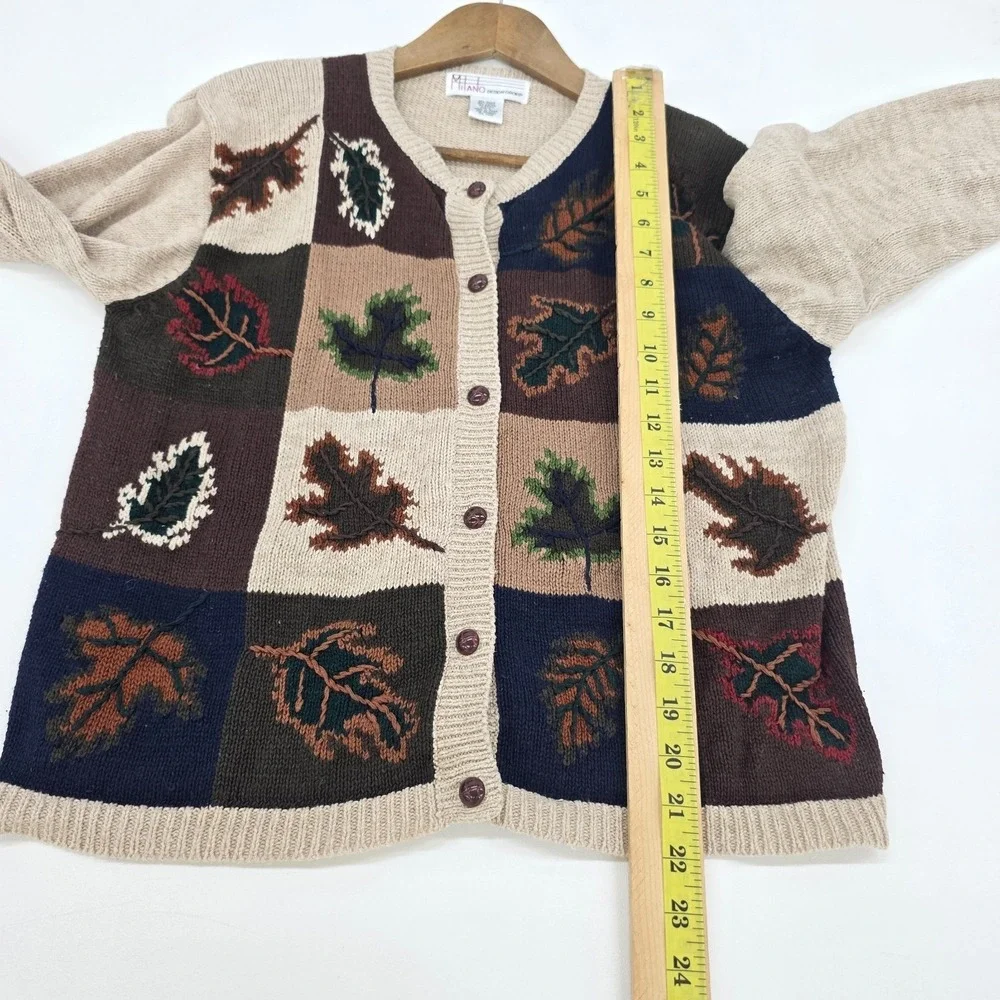 Vintage Milano Womens L Fall‎ Leaf Patchwork Cardigan Sweater Rustic Earthy Knit